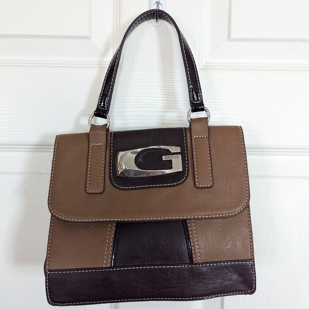 Guess 2-tone tan & brown small mini satchel purse clutch handbag w handle